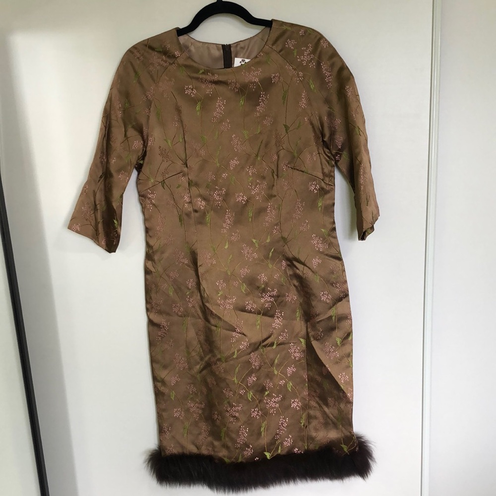 Fur trimmed vintage floral dress